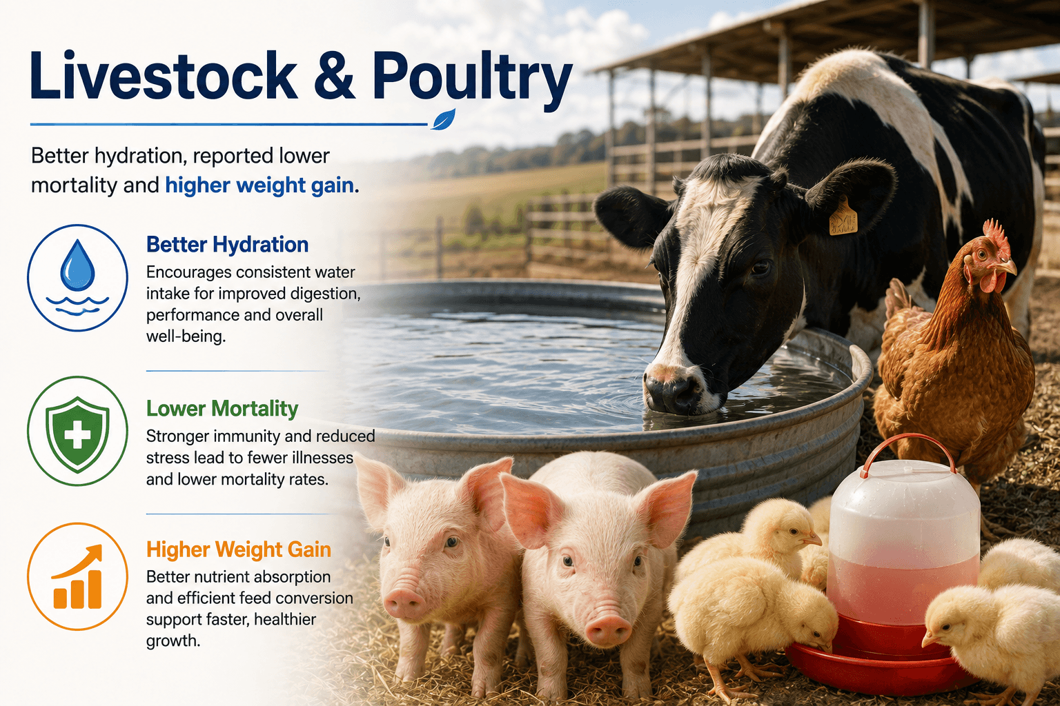 Livestock and poultry infographic: cattle, pigs and chicks drinking from farm water troughs, with panels for better hydration, lower mortality and higher weight gain